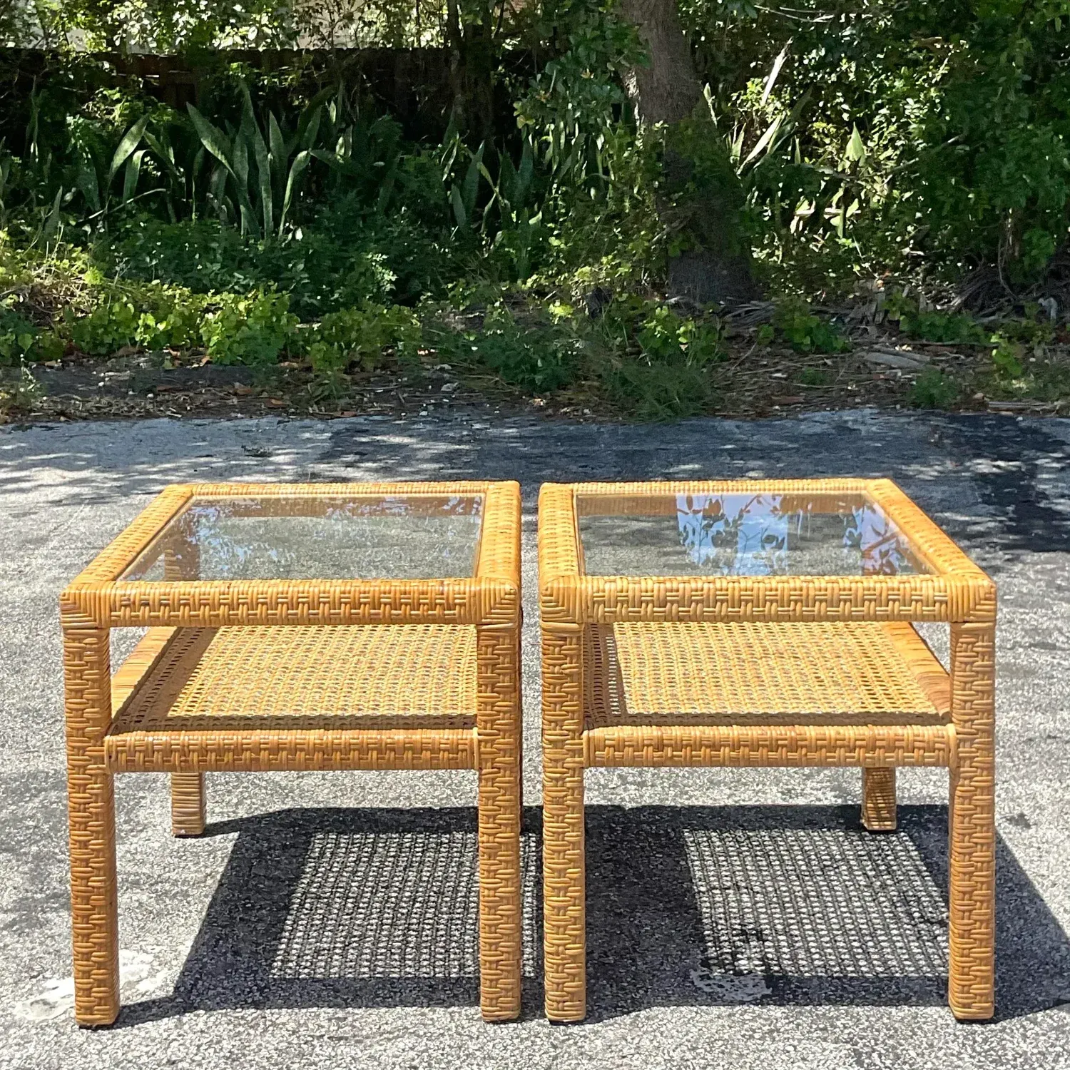 Mid 20th Century Vintage Coastal Woven Rattan Side Tables - Pair of 2 — additional photo 2
