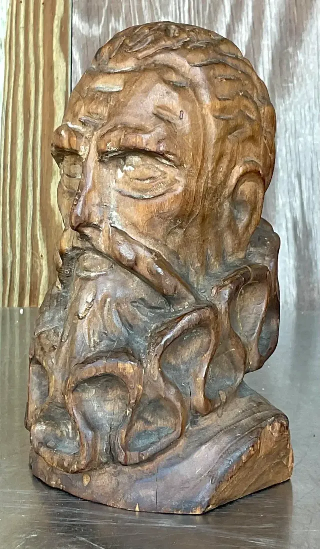Mid 20th Century Vintage Hand Carved Bust of Man — additional photo 4