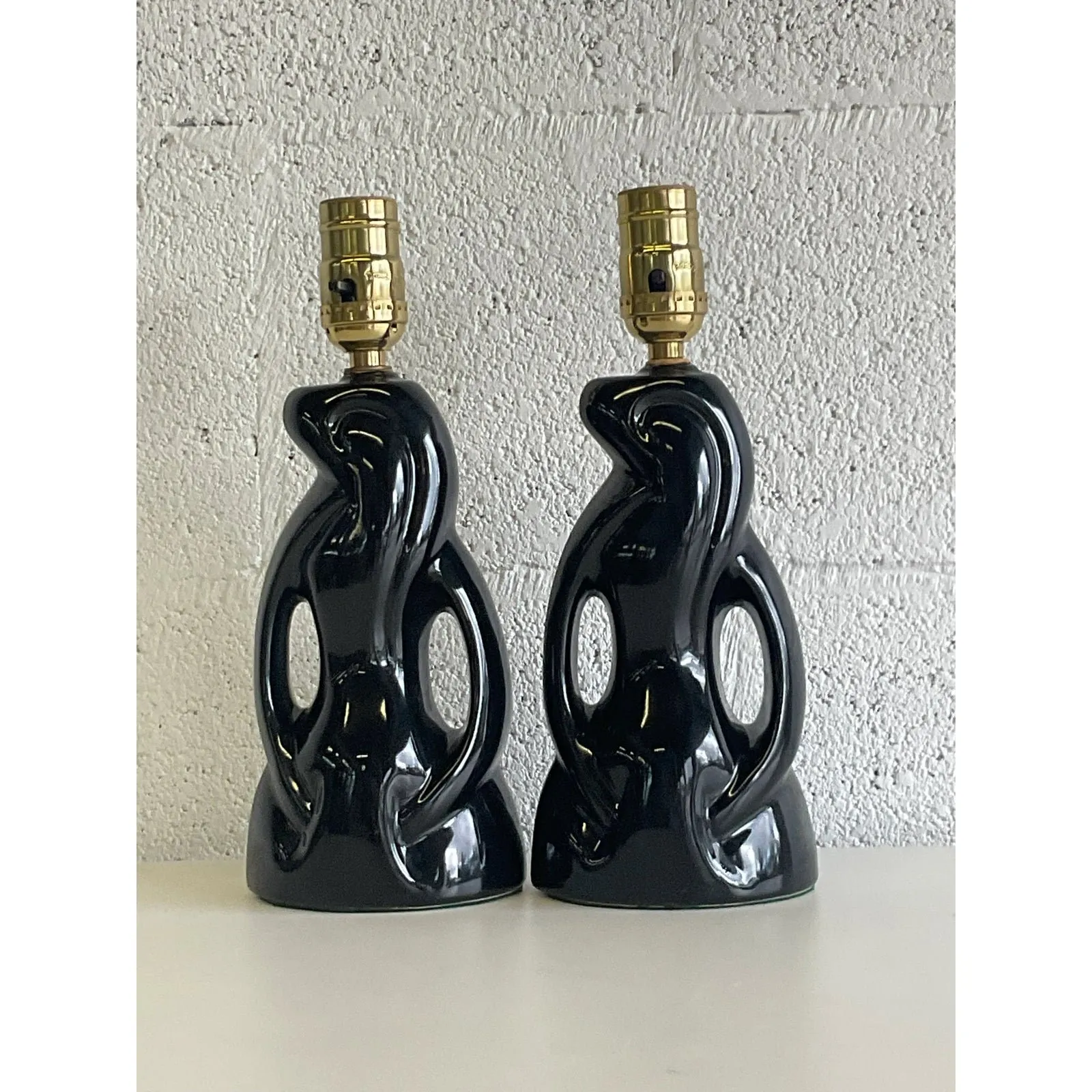 Midcentury Abstract Black Glazed Ceramic Boudoir Lamps - a Pair — additional photo 3
