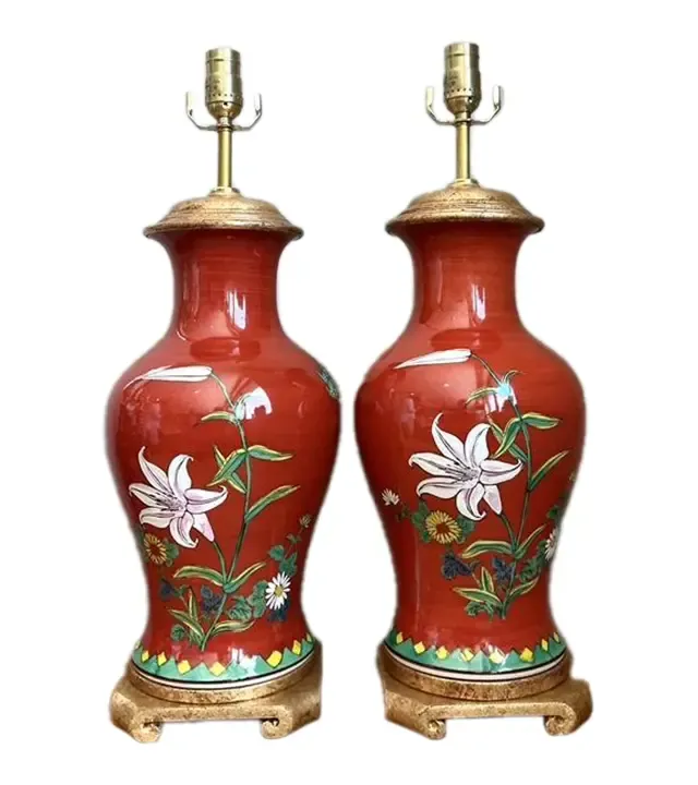 Vintage Hand Painted Glazed Ceramic Lamps - A Pair
