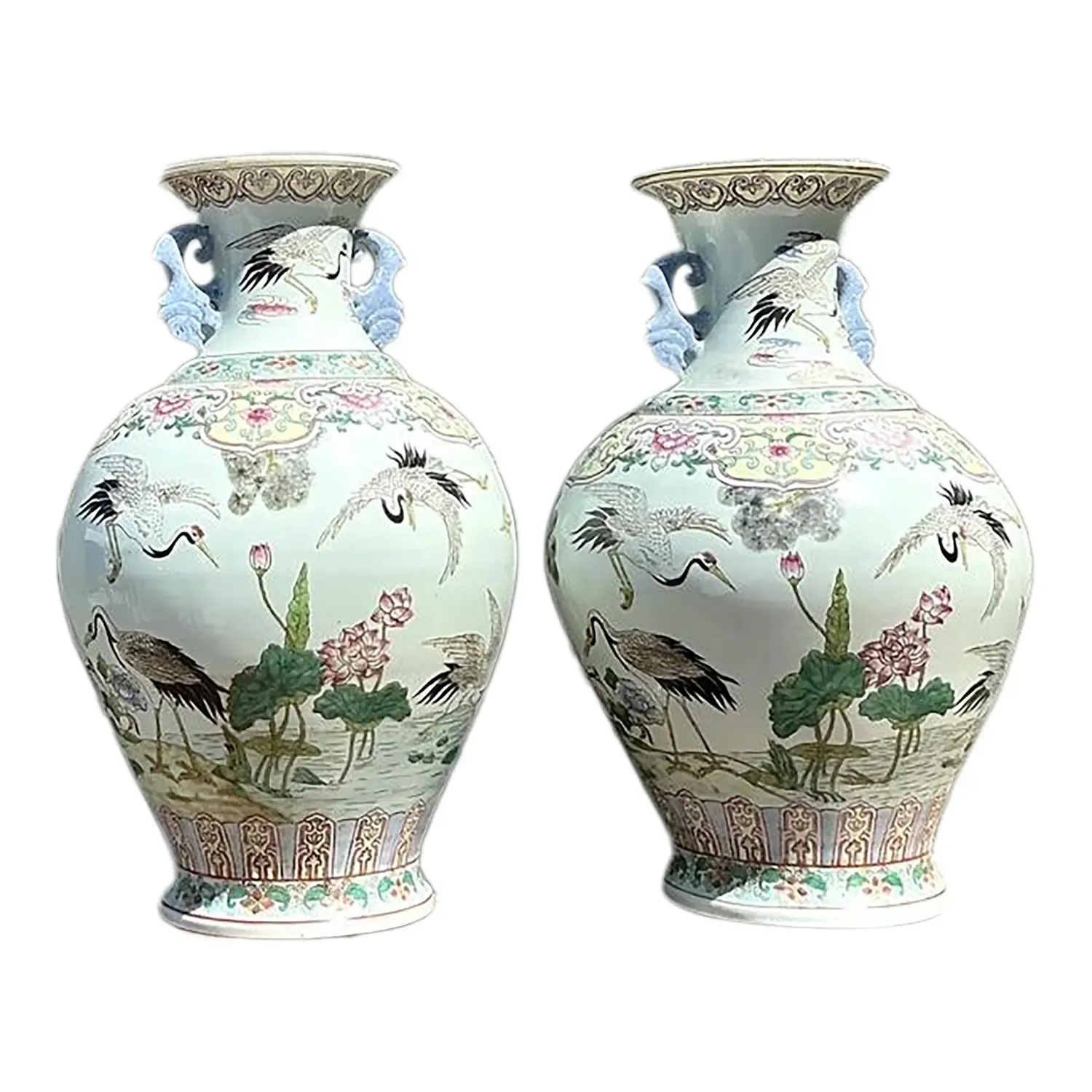 Vintage Asian Hand Painted Crane Urns - A Pair — additional photo 1