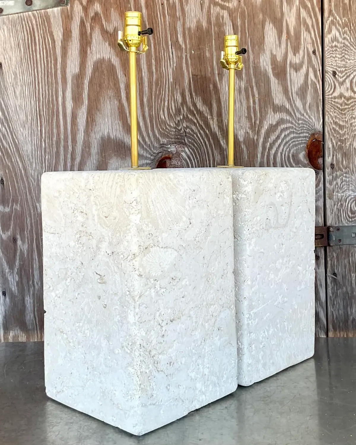 Vintage Coastal Large Coquina Stone Block Lamps - a Pair
