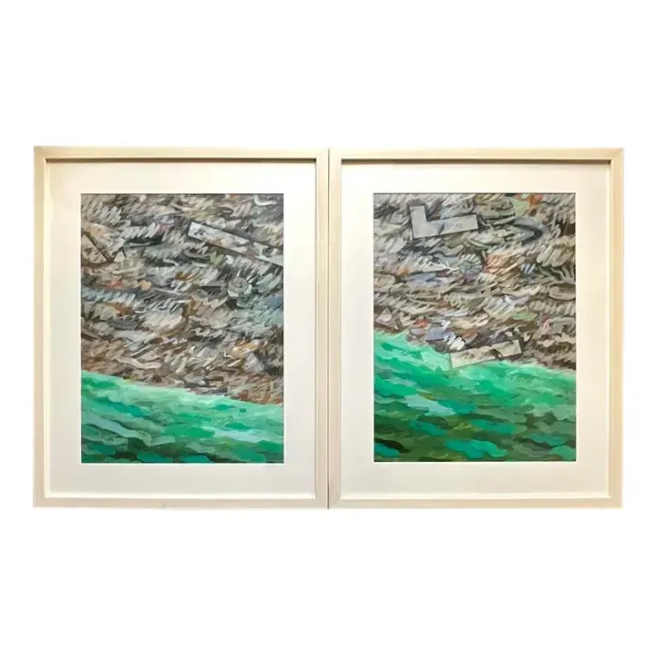 Vintage Boho Original Oil on Paper Abstract Painting - a Pair