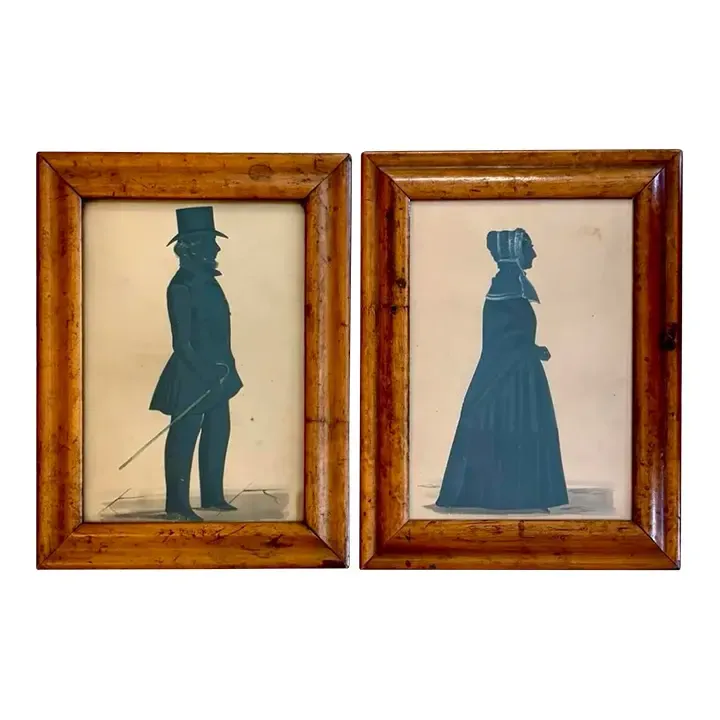 Vintage Boho Silloutte Drawing in Burled Wood Frame