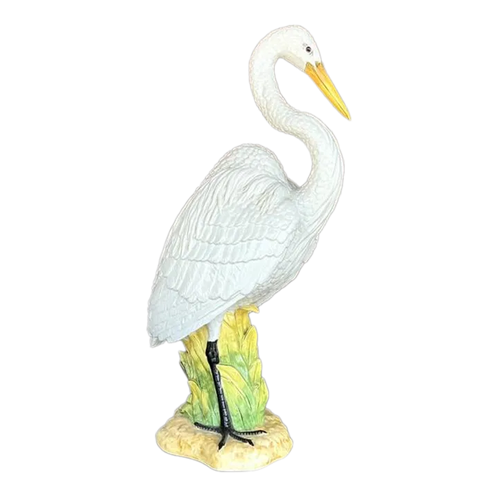 Vintage Coastal Monumental Glazed Ceramic Snowy Egret Sculpture