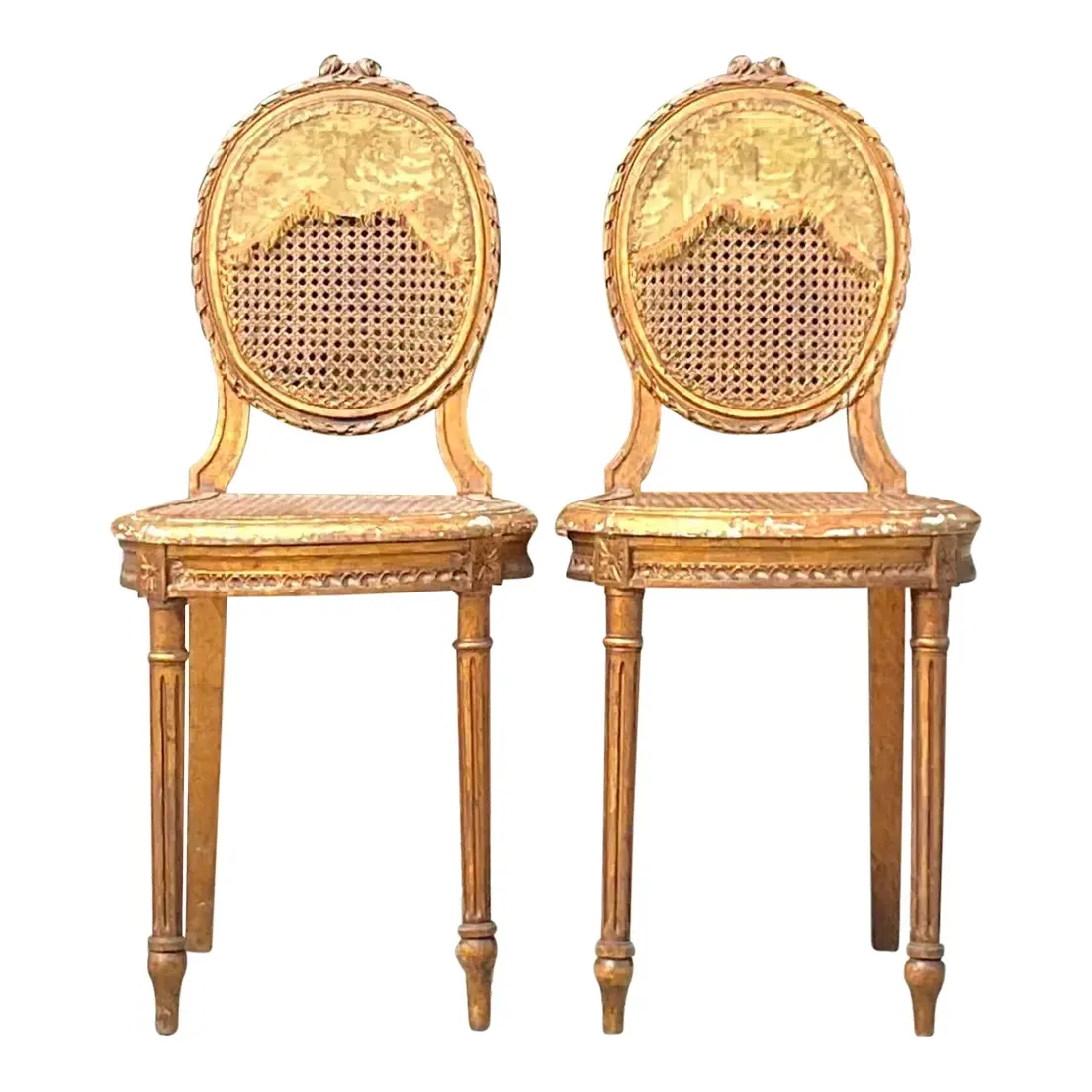 Vintage 18th Century Gesso and Cane Medallion Chairs With Tapestry Detail - a Pr
