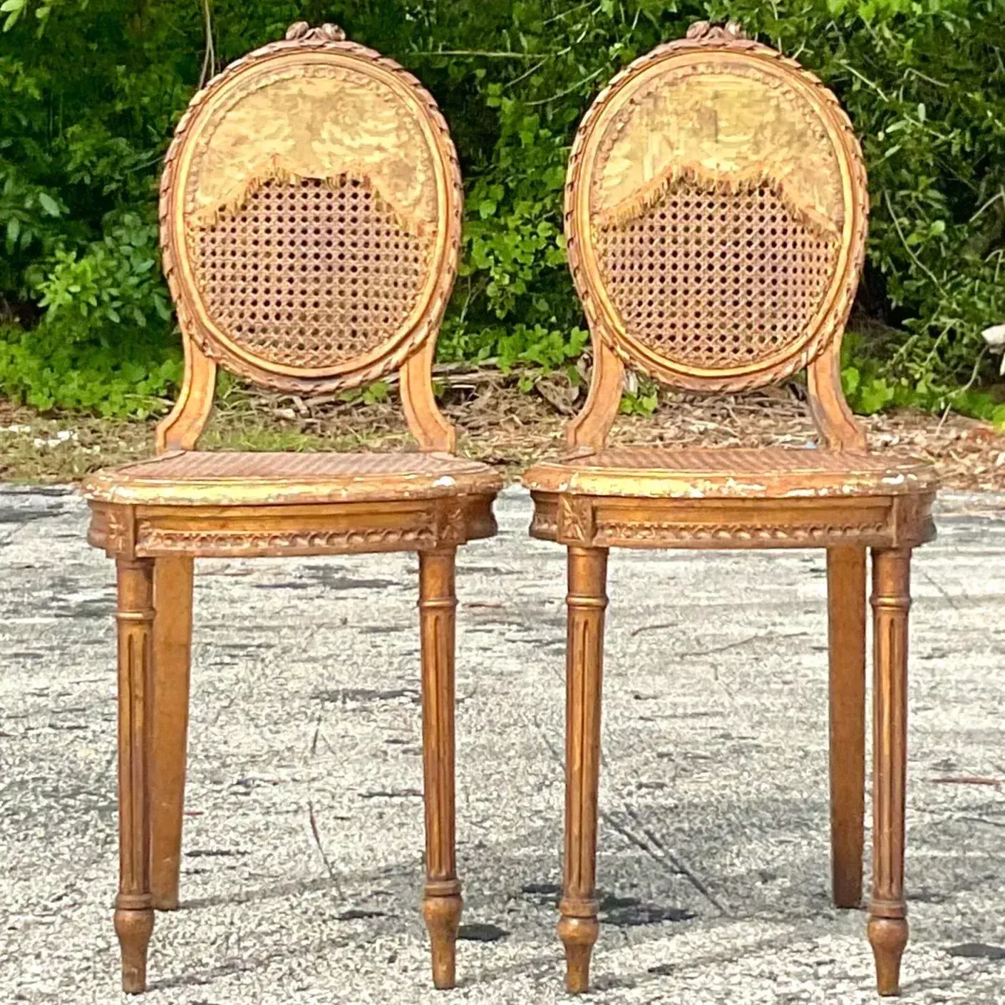 Vintage 18th Century Gesso and Cane Medallion Chairs With Tapestry Detail - a Pr — additional photo 2