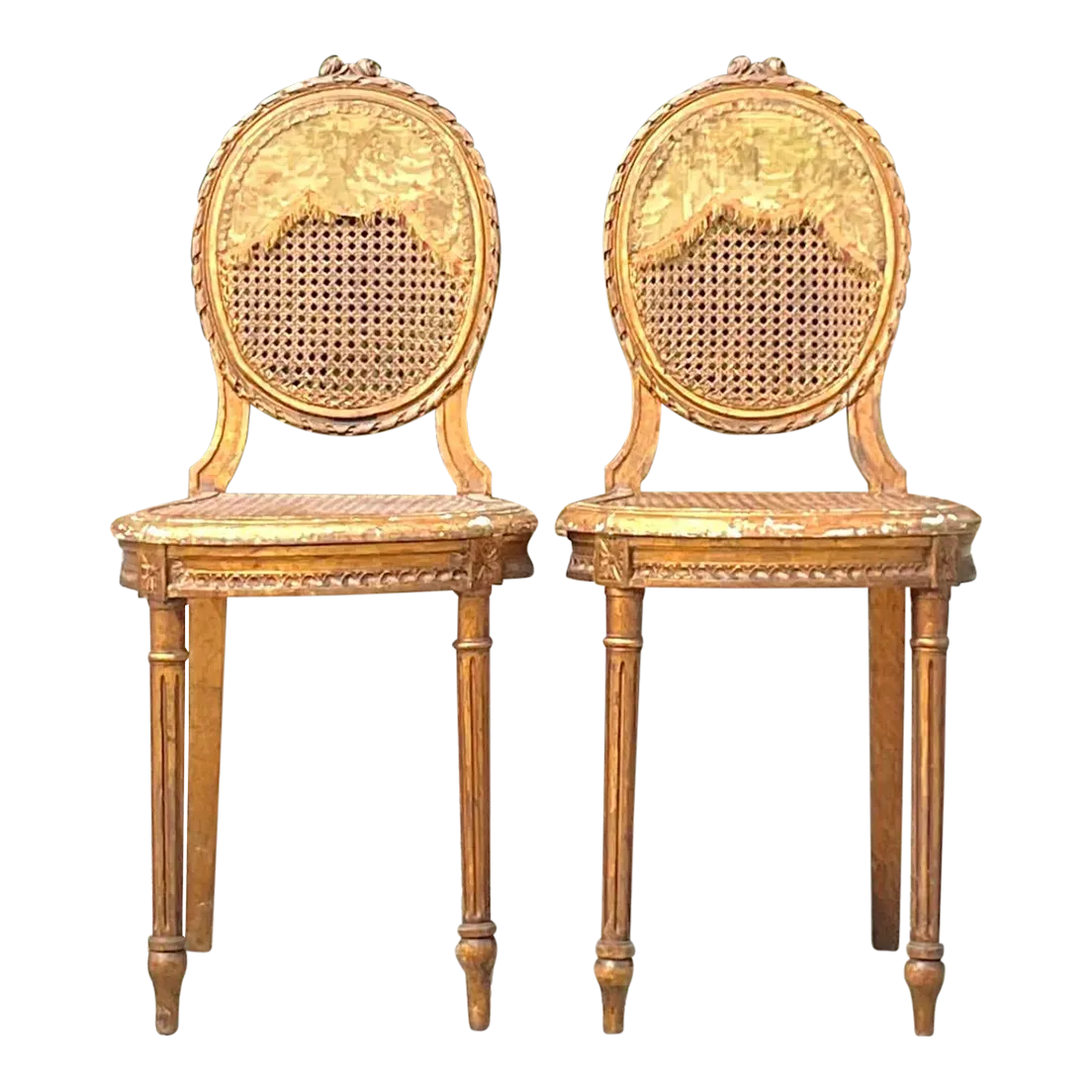 Vintage 18th Century Gesso and Cane Medallion Chairs With Tapestry Detail - a Pr — additional photo 3