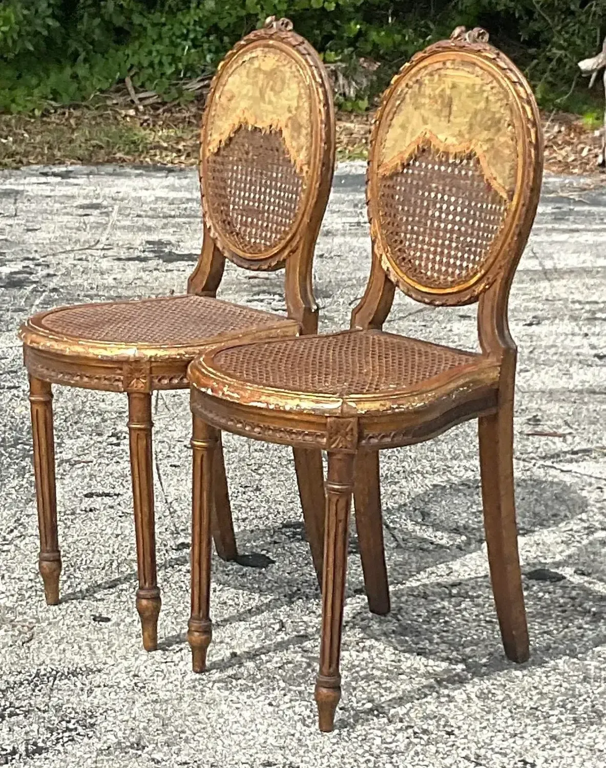 Vintage 18th Century Gesso and Cane Medallion Chairs With Tapestry Detail - a Pr — additional photo 4