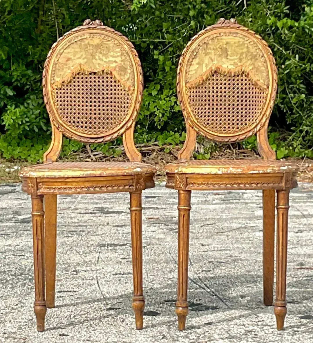 Vintage 18th Century Gesso and Cane Medallion Chairs With Tapestry Detail - a Pr — additional photo 7