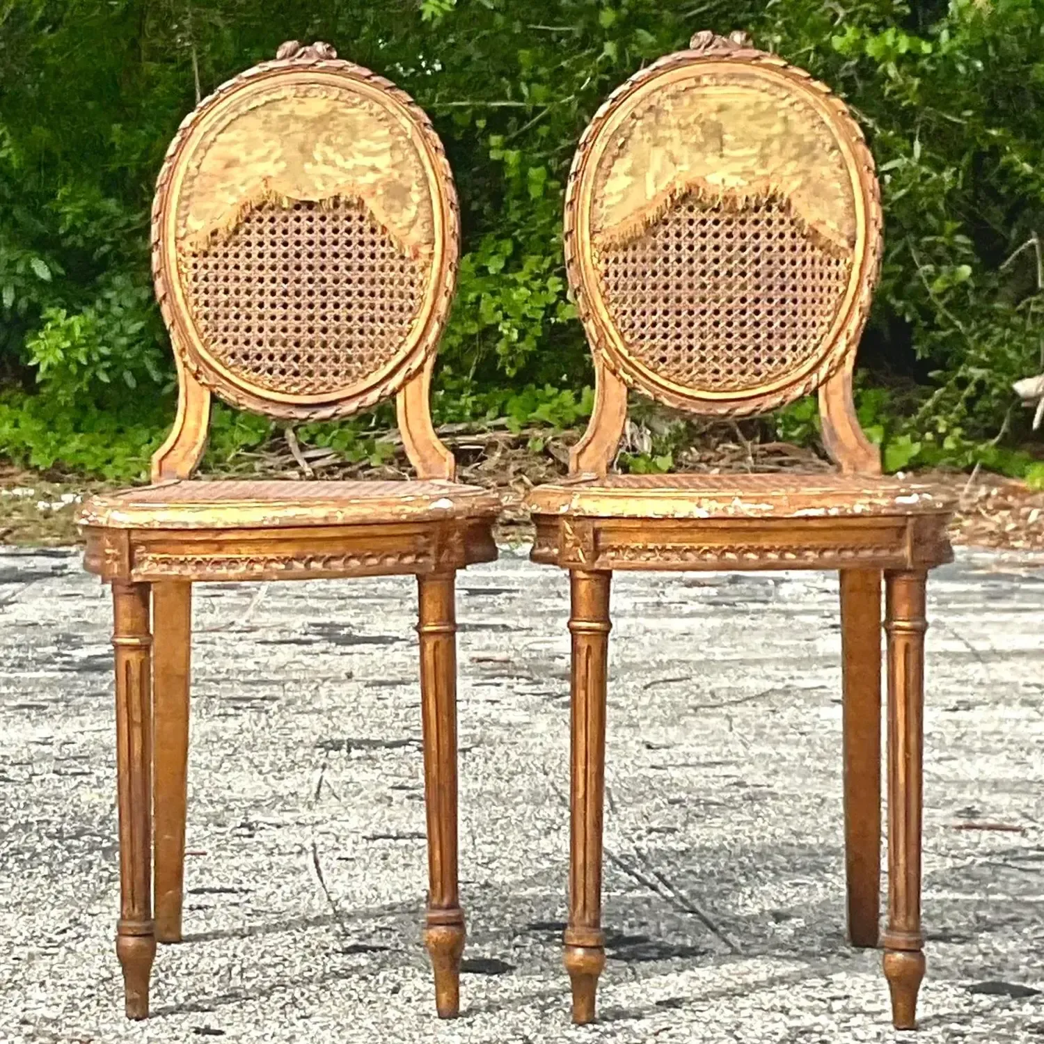 Vintage 18th Century Gesso and Cane Medallion Chairs With Tapestry Detail - a Pr — additional photo 8