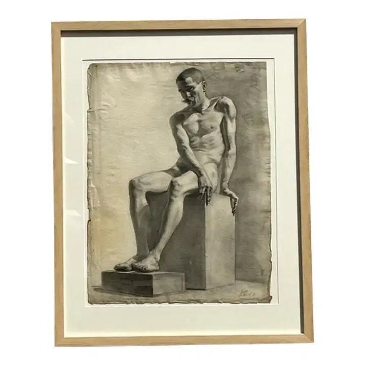 Vintage 1930s Original Pencil Sketch of Man - Paper, 26.75W x 33.75H — additional photo 1
