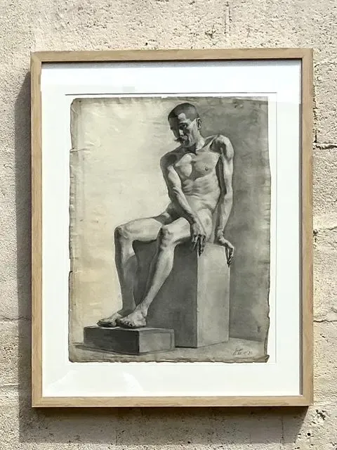 Vintage 1930s Original Pencil Sketch of Man - Paper, 26.75W x 33.75H — additional photo 2
