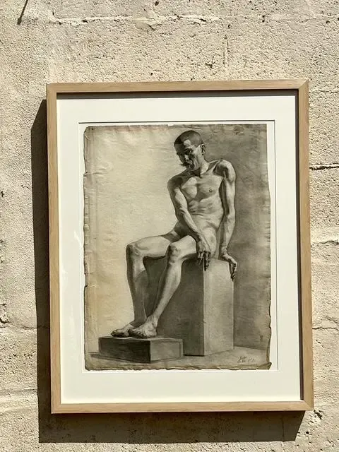 Vintage 1930s Original Pencil Sketch of Man - Paper, 26.75W x 33.75H — additional photo 3