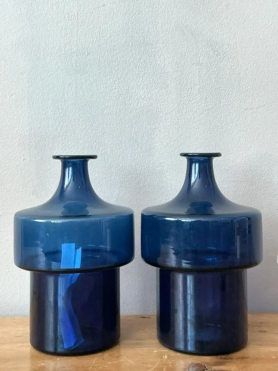 Vintage 1960s Timo Sarpaneva Littala Finland Blue Glass Decanter - A Pair