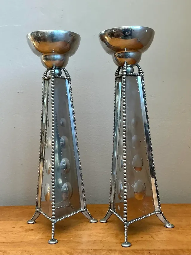 Vintage 1994 Signed Mirrored Candlestick Holders - A Pair — additional photo 5