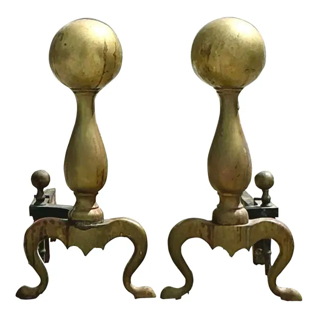 Vintage 19th Century Brass Cannonball Andirons - Set of 2 — additional photo 1