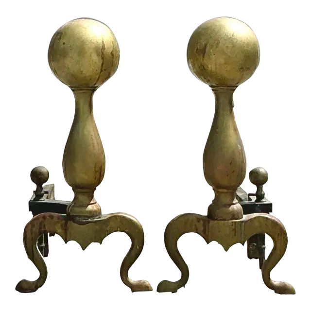 Vintage 19th Century Brass Cannonball Andirons - Set of 2 — additional photo 2