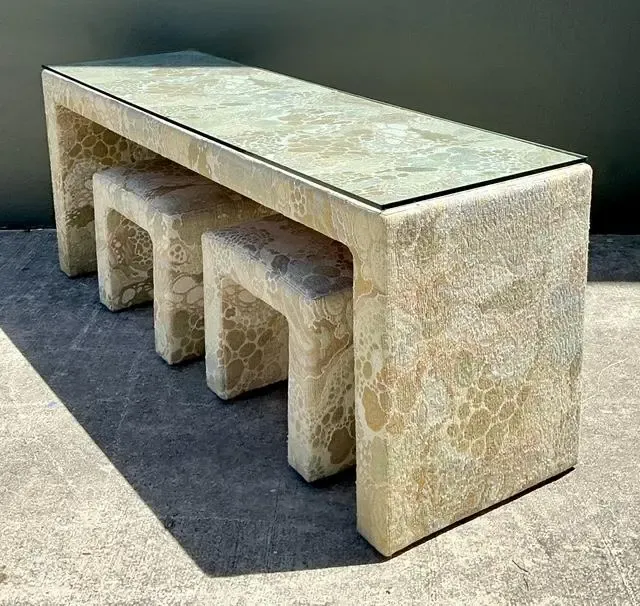 Vintage 80s Upholstered Console and Stools After Jack Lenor Larsen — additional photo 1