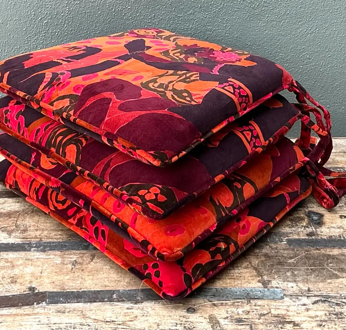Vintage 80s Yves St Laurent Printed Velvet Tie Cushions - Set of Four — additional photo 3