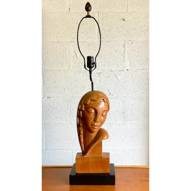 Vintage Art Deco Hand Carved Lady Table Lamp