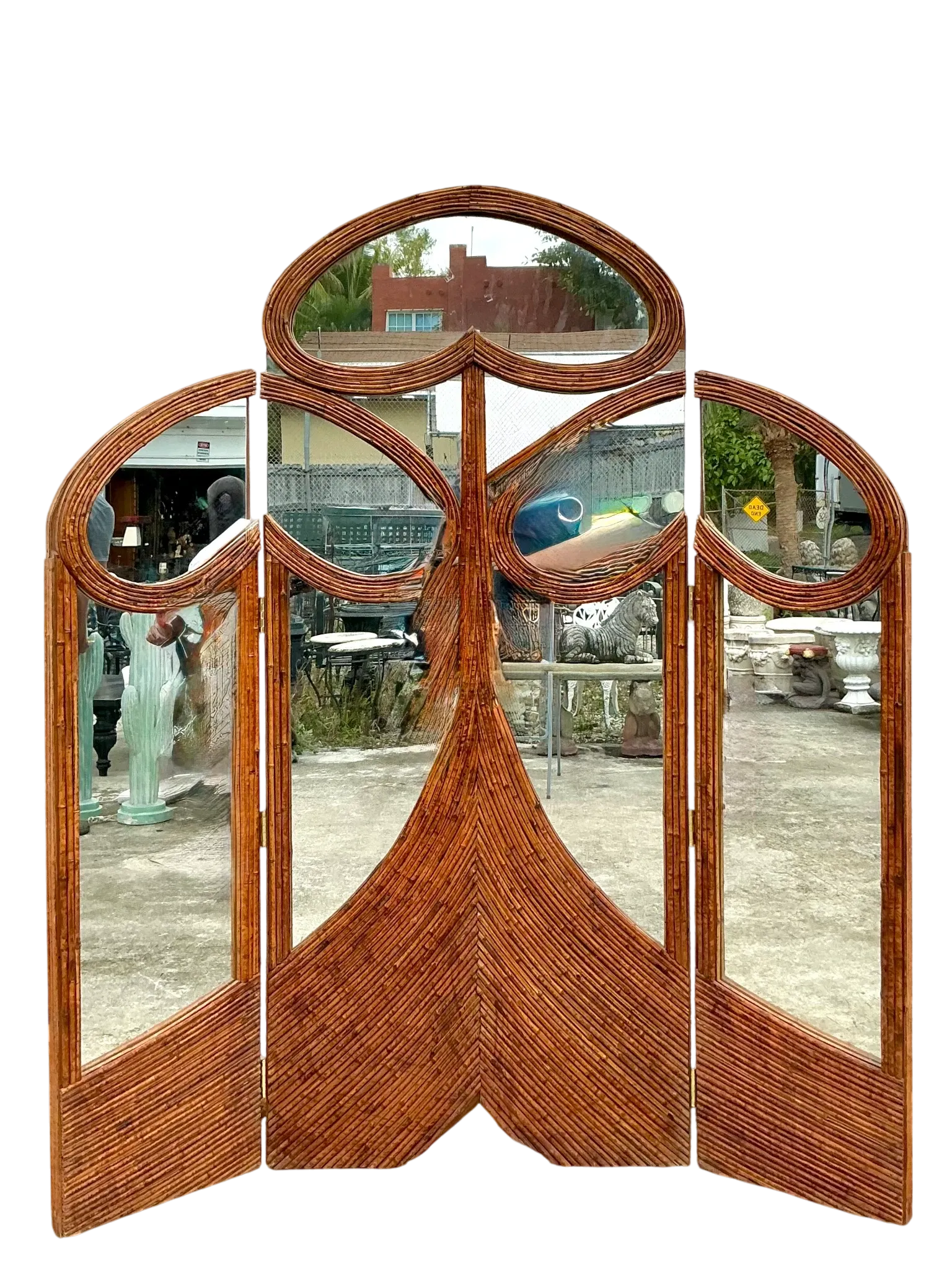 Vintage Art Nouveau Reed Folding Mirrored Screen