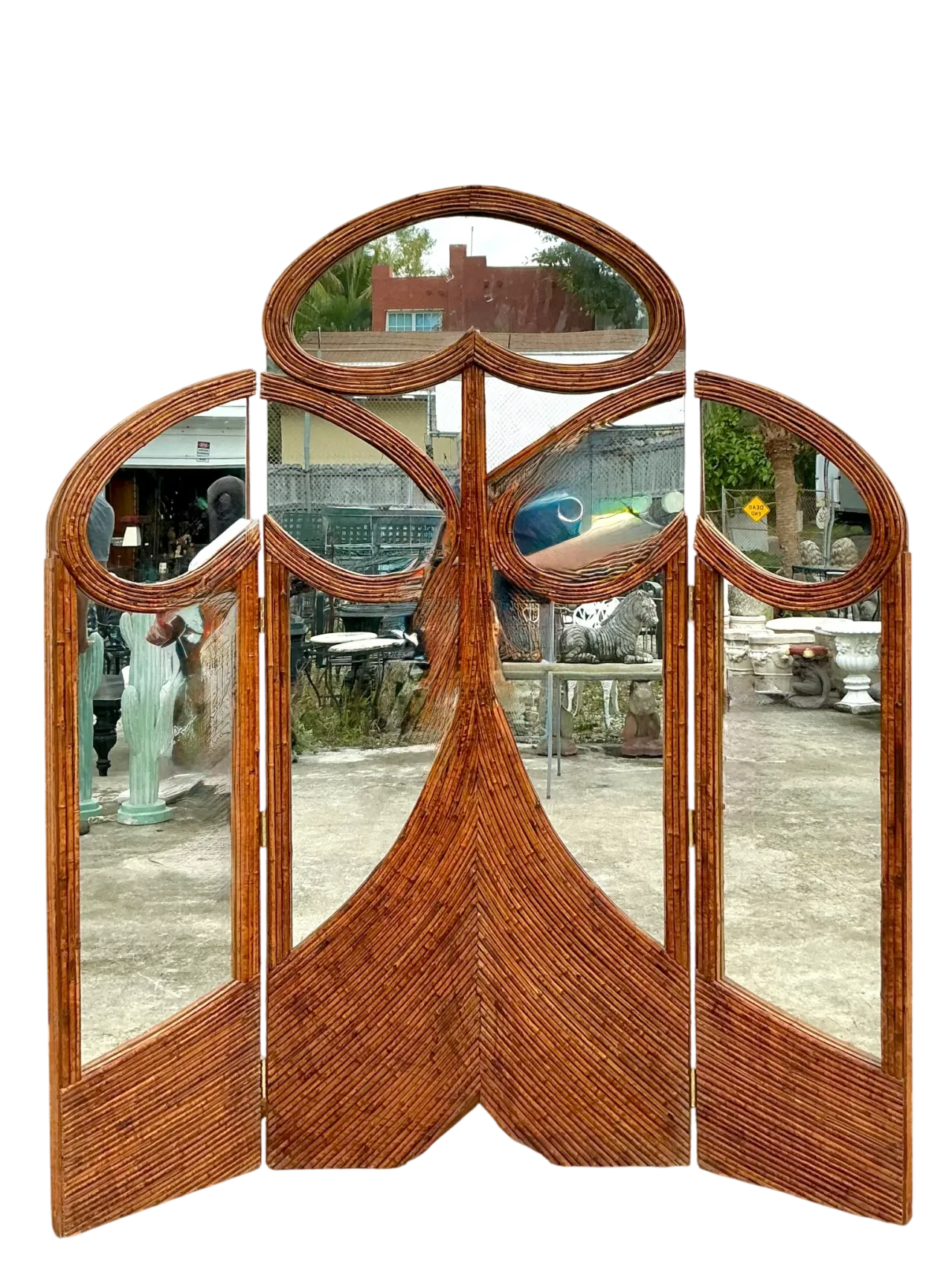 Vintage Art Nouveau Reed Folding Mirrored Screen