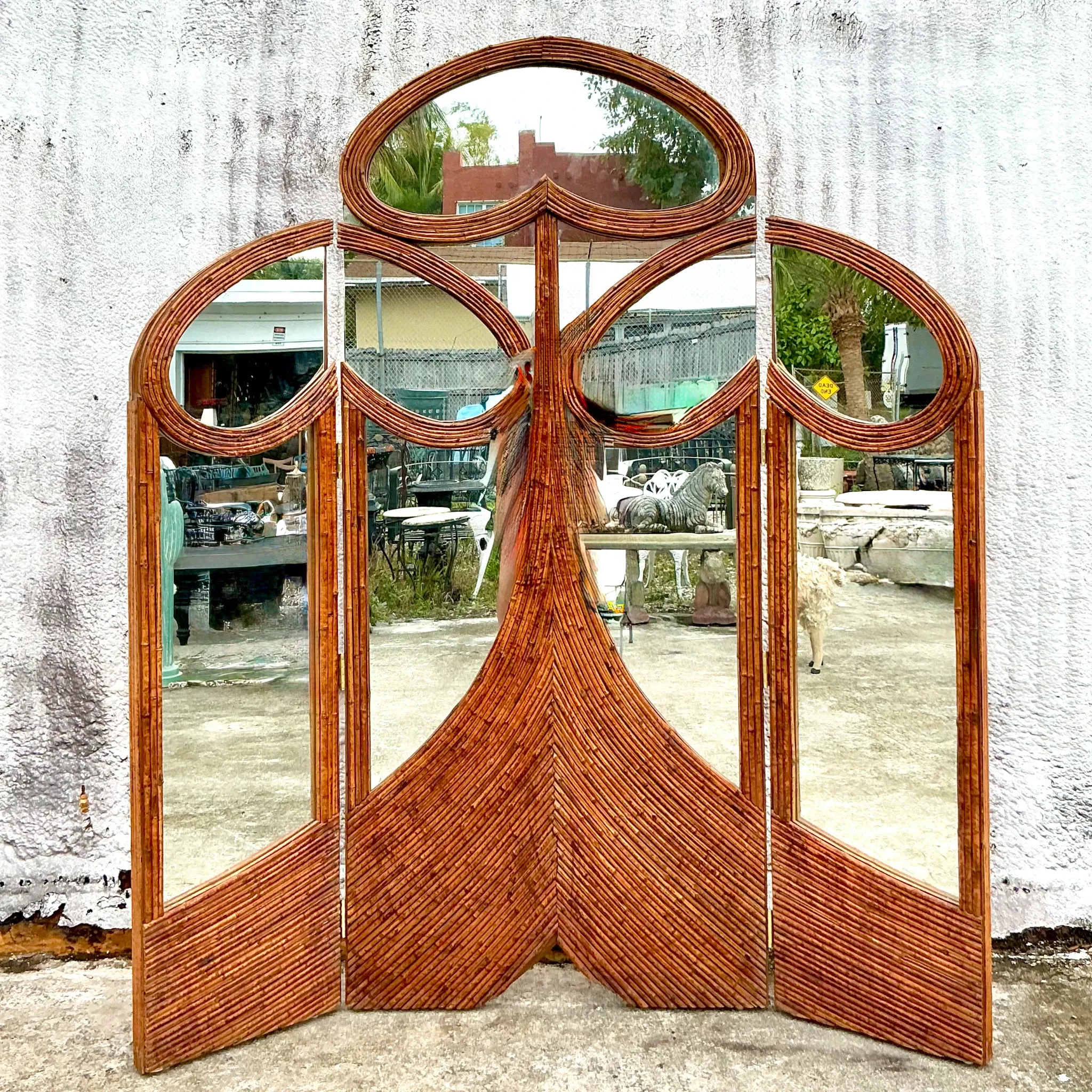 Vintage Art Nouveau Reed Folding Mirrored Screen — additional photo 1
