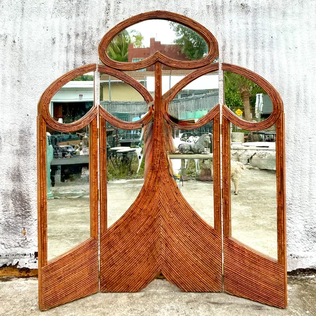 Vintage Art Nouveau Reed Folding Mirrored Screen — additional photo 1