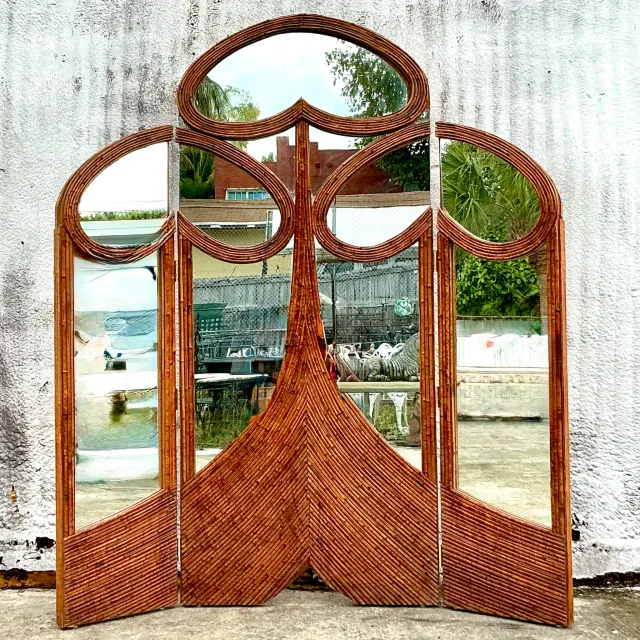 Vintage Art Nouveau Reed Folding Mirrored Screen — additional photo 2