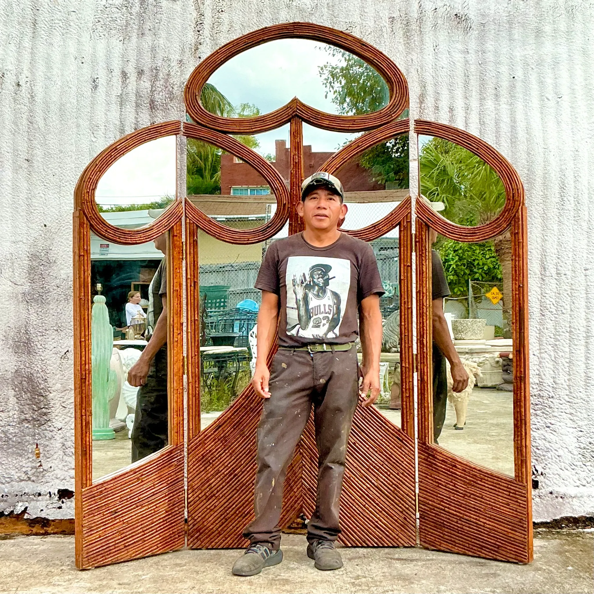 Vintage Art Nouveau Reed Folding Mirrored Screen — additional photo 3