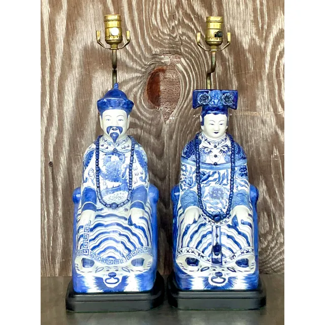 Vintage Asian Blue and White Emperor Lamps - A Pair — additional photo 3