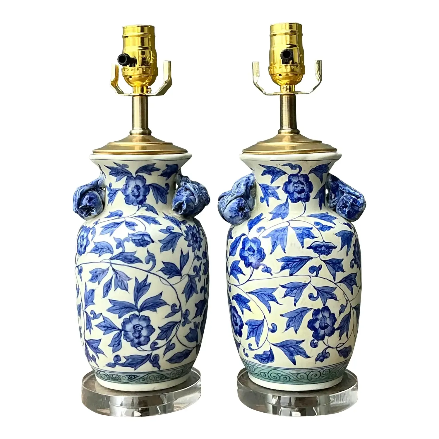 Vintage Asian Blue and White Floral Ceramic Lamps - A Pair
