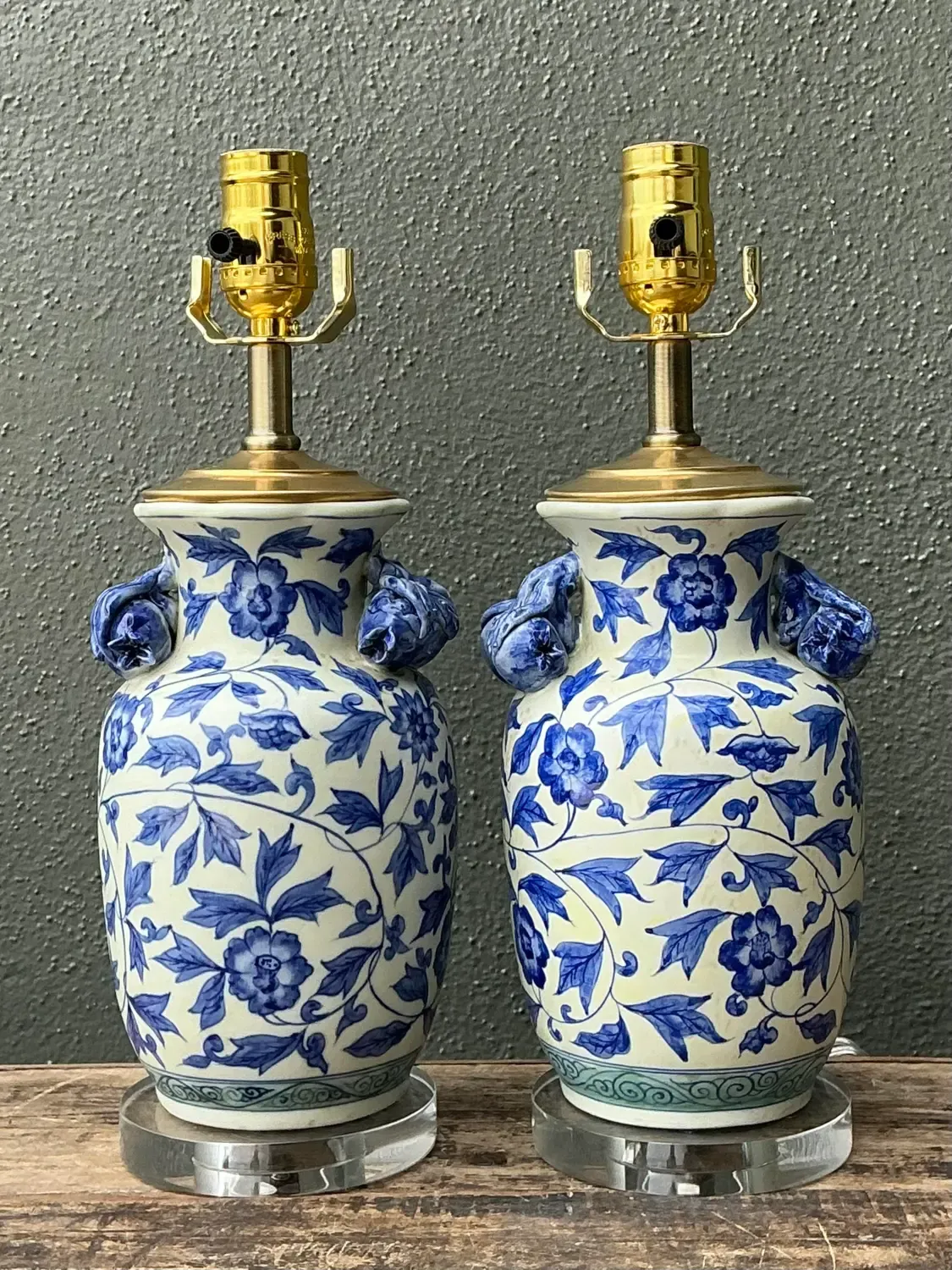 Vintage Asian Blue and White Floral Ceramic Lamps - A Pair — additional photo 2