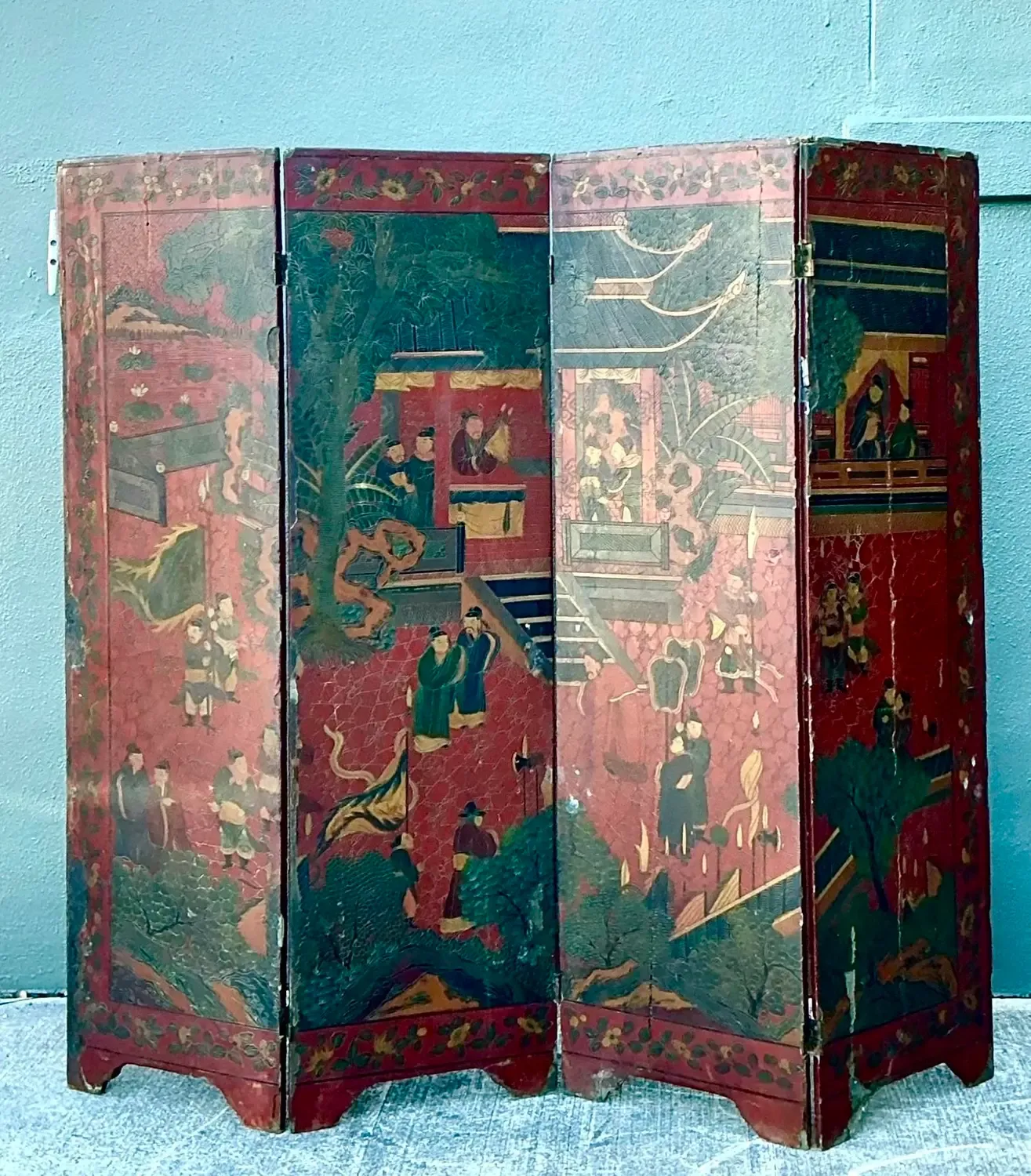 Vintage Asian Chinoiserie Four Panel Screen — additional photo 4