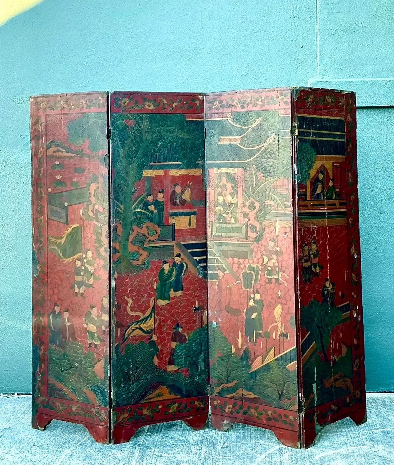 Vintage Asian Chinoiserie Four Panel Screen — additional photo 8