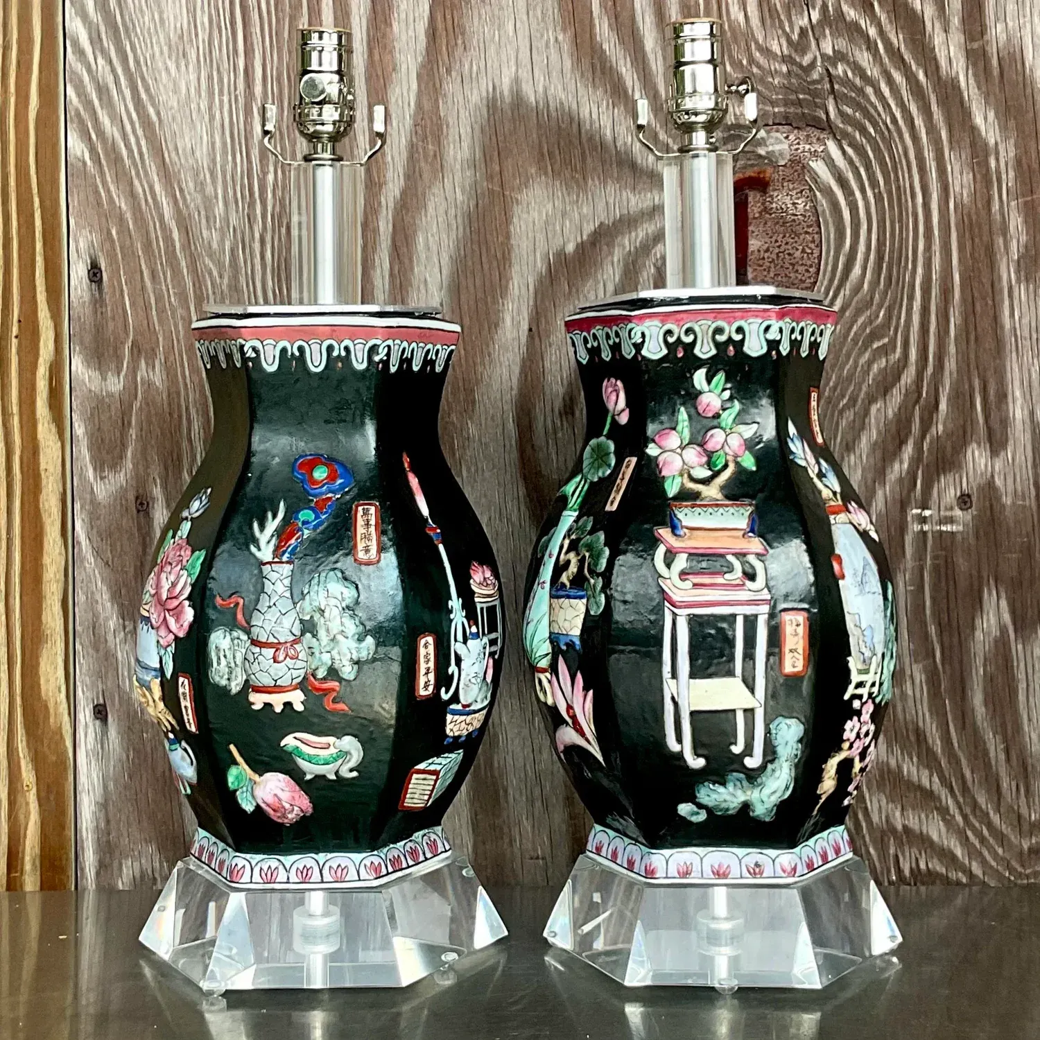 Vintage Asian Chinoiserie Relief Glazed Ceramic Lamps - a Pair — additional photo 4