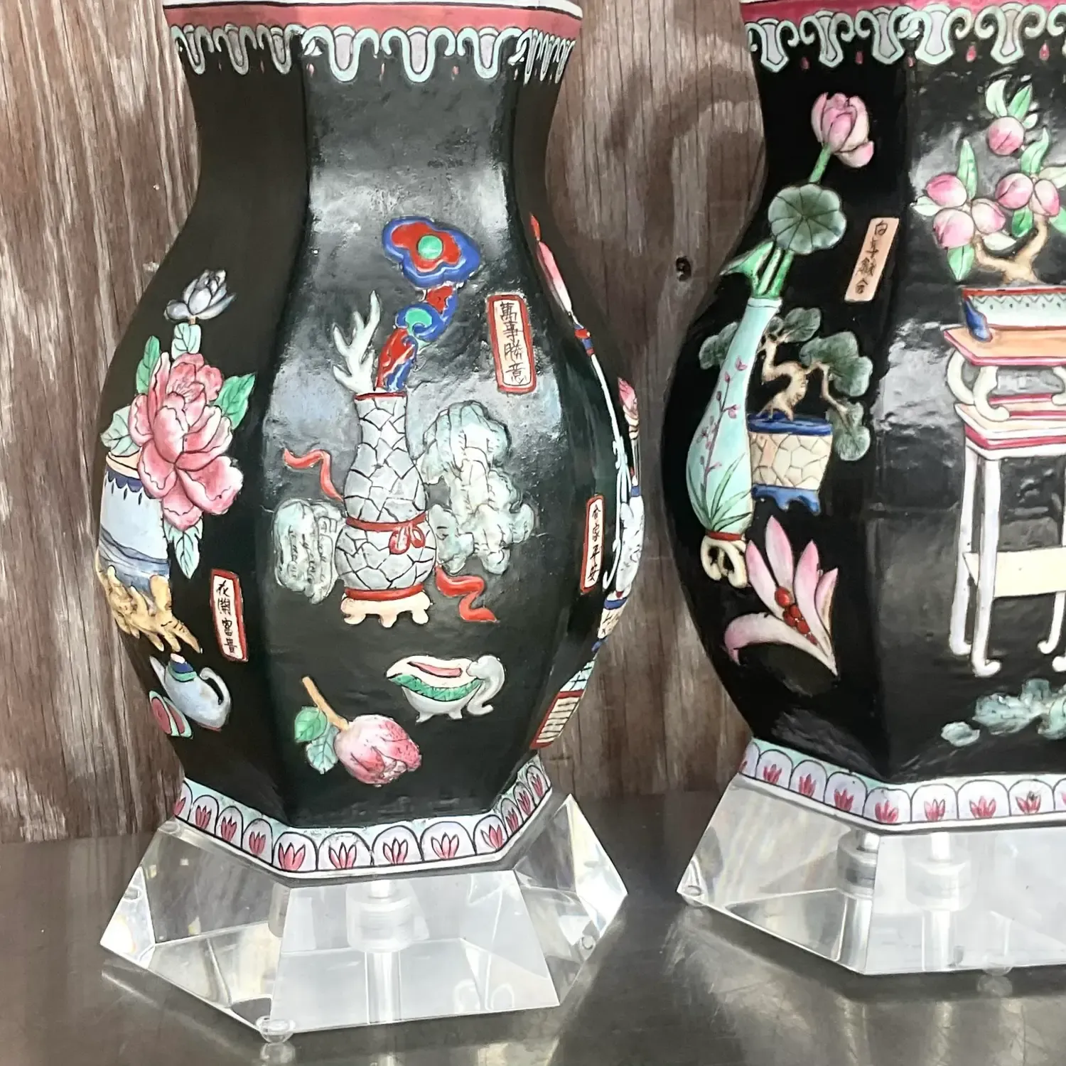 Vintage Asian Chinoiserie Relief Glazed Ceramic Lamps - a Pair — additional photo 5