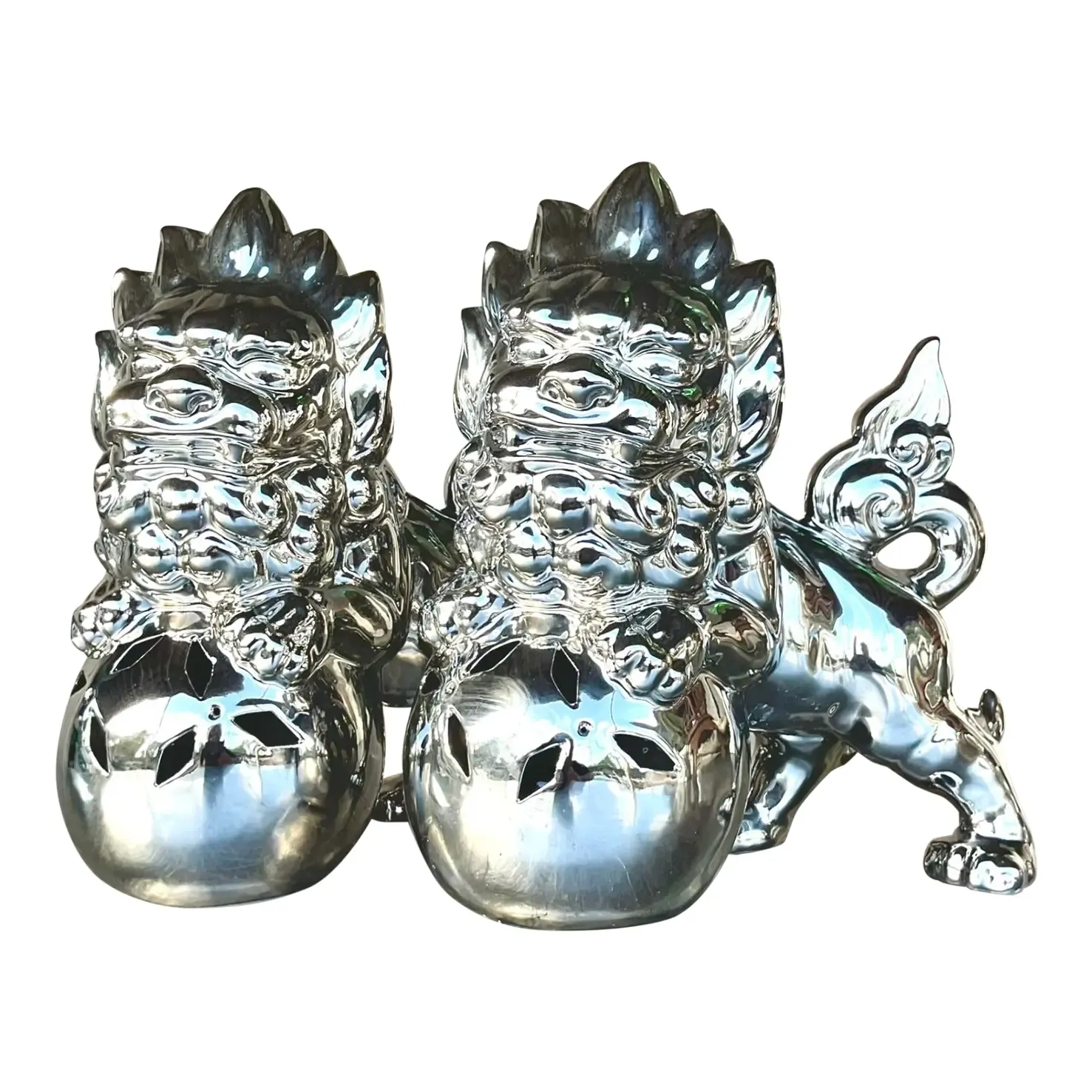 Vintage Asian Chromed Glazed Ceramic Foo Dogs - a Pair — additional photo 1