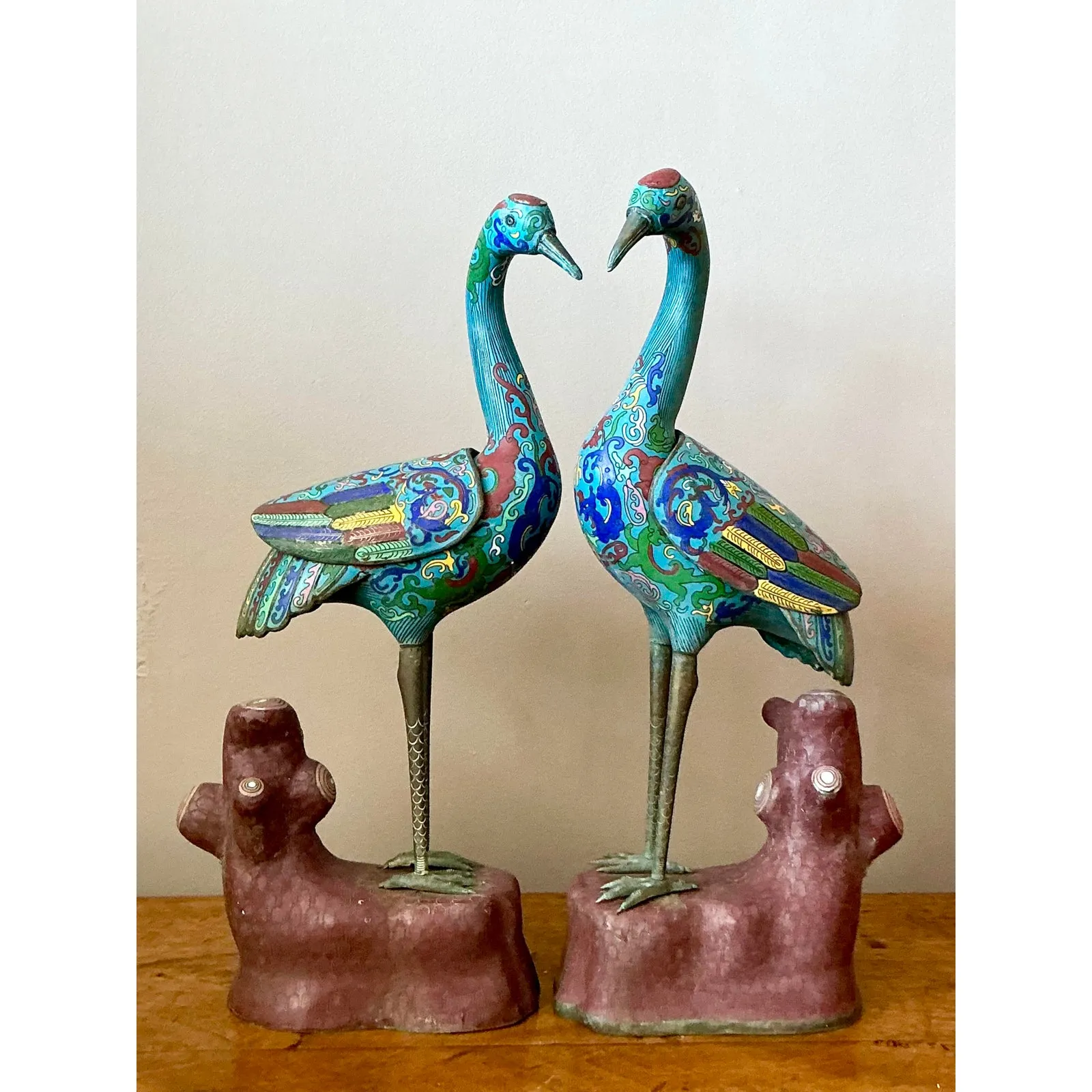 Vintage Asian Cloisonné Enameled Cranes - Set of 2 — additional photo 2