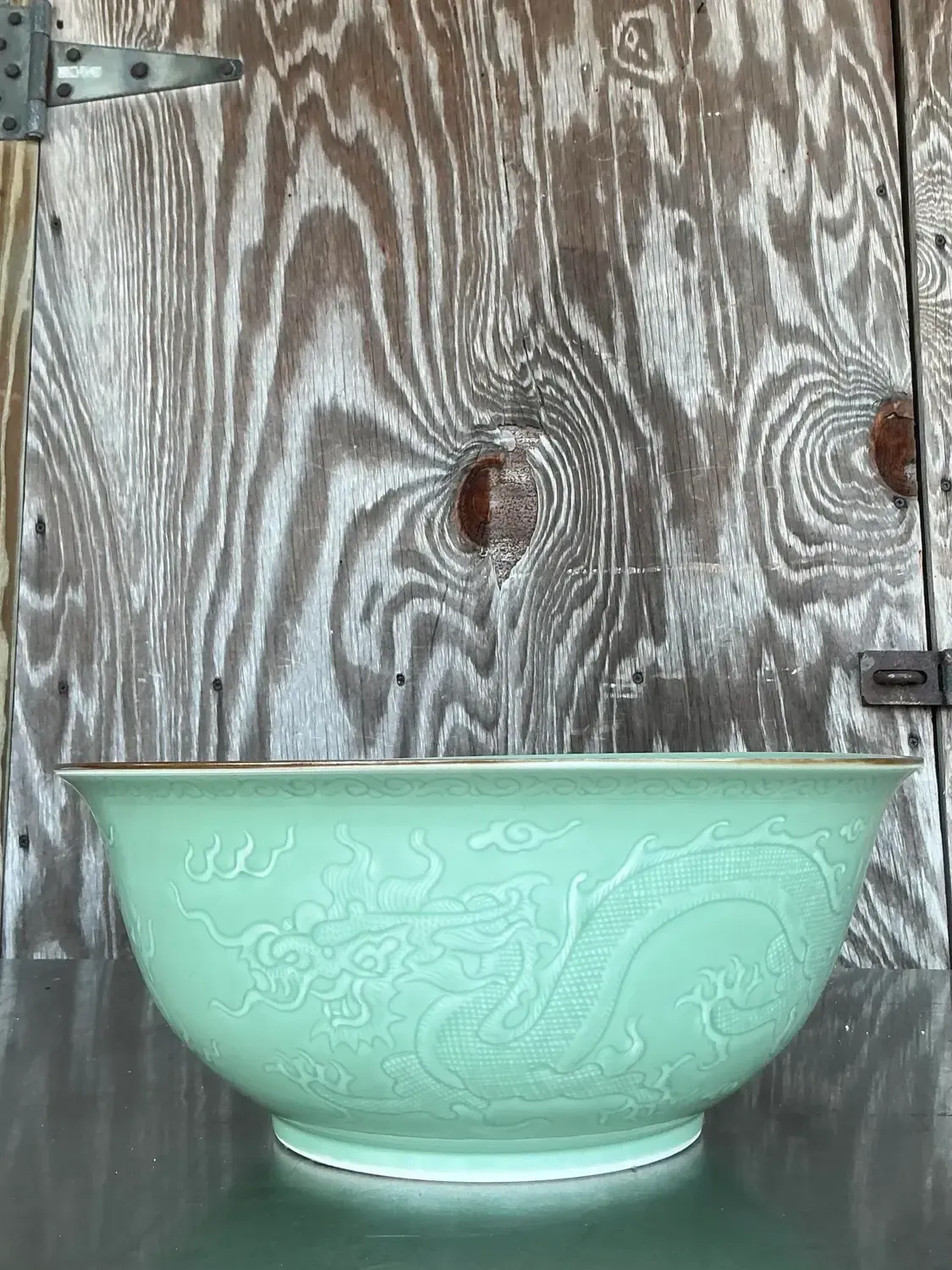 Vintage Asian Dragon Relief Celadon Bowl — additional photo 2