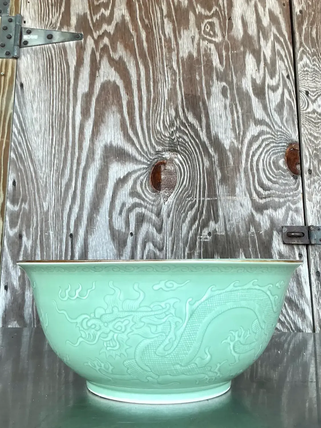 Vintage Asian Dragon Relief Celadon Bowl — additional photo 3