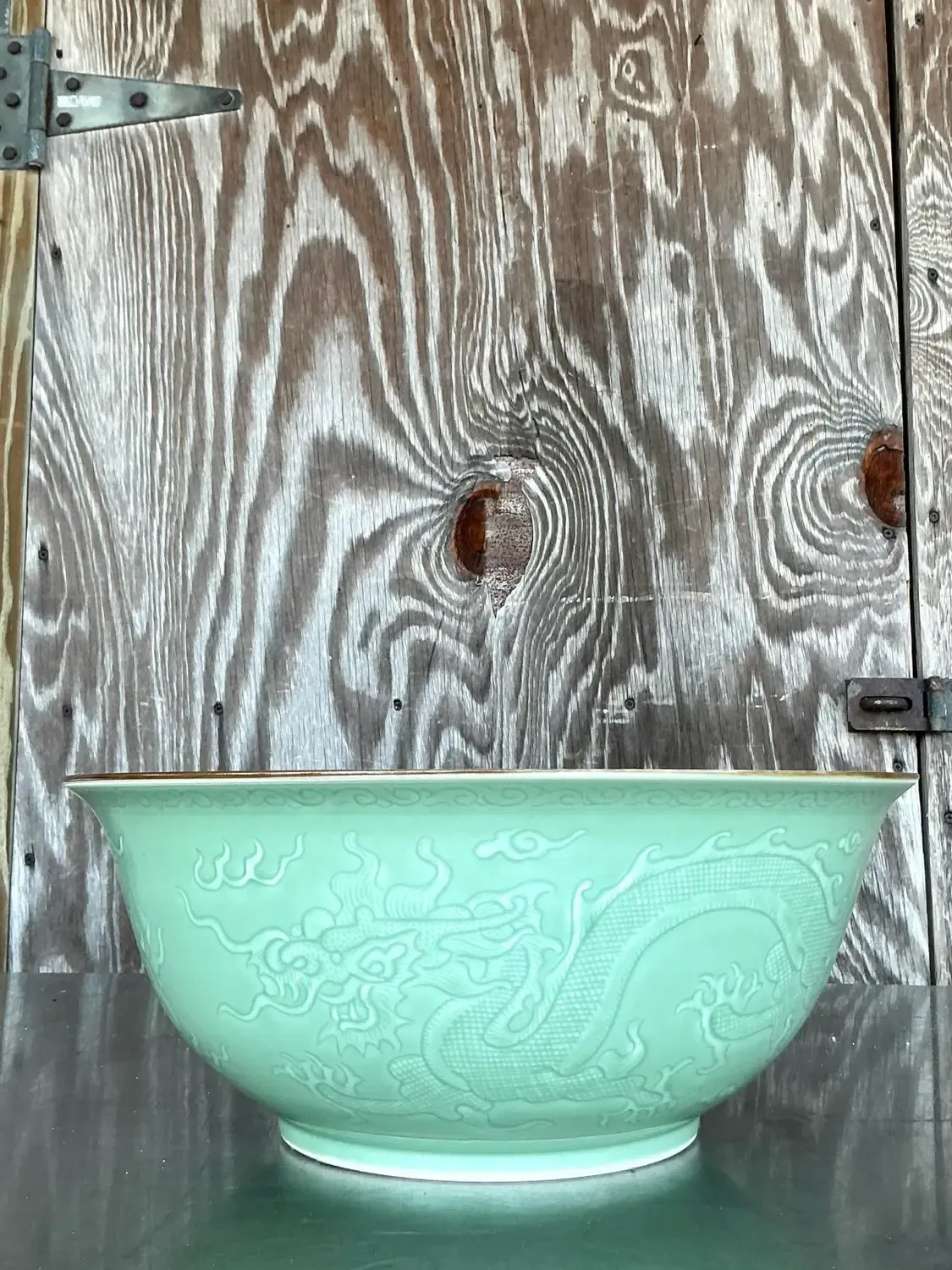 Vintage Asian Dragon Relief Celadon Bowl — additional photo 4