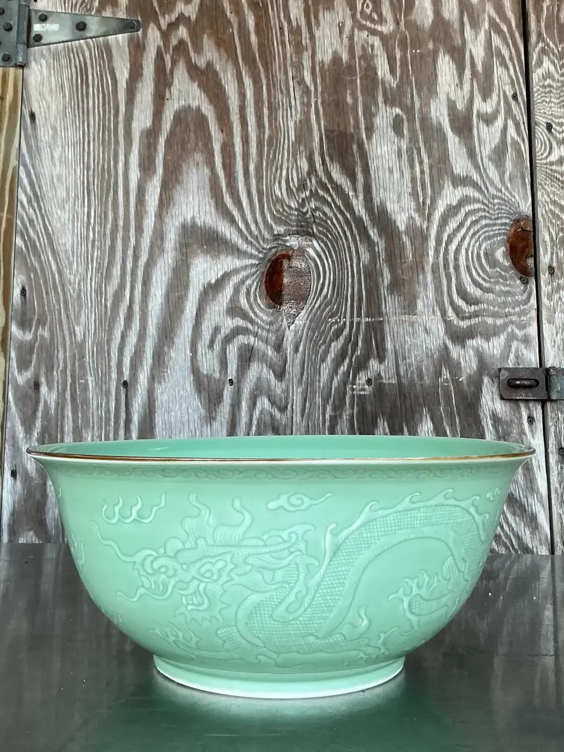 Vintage Asian Dragon Relief Celadon Bowl — additional photo 5