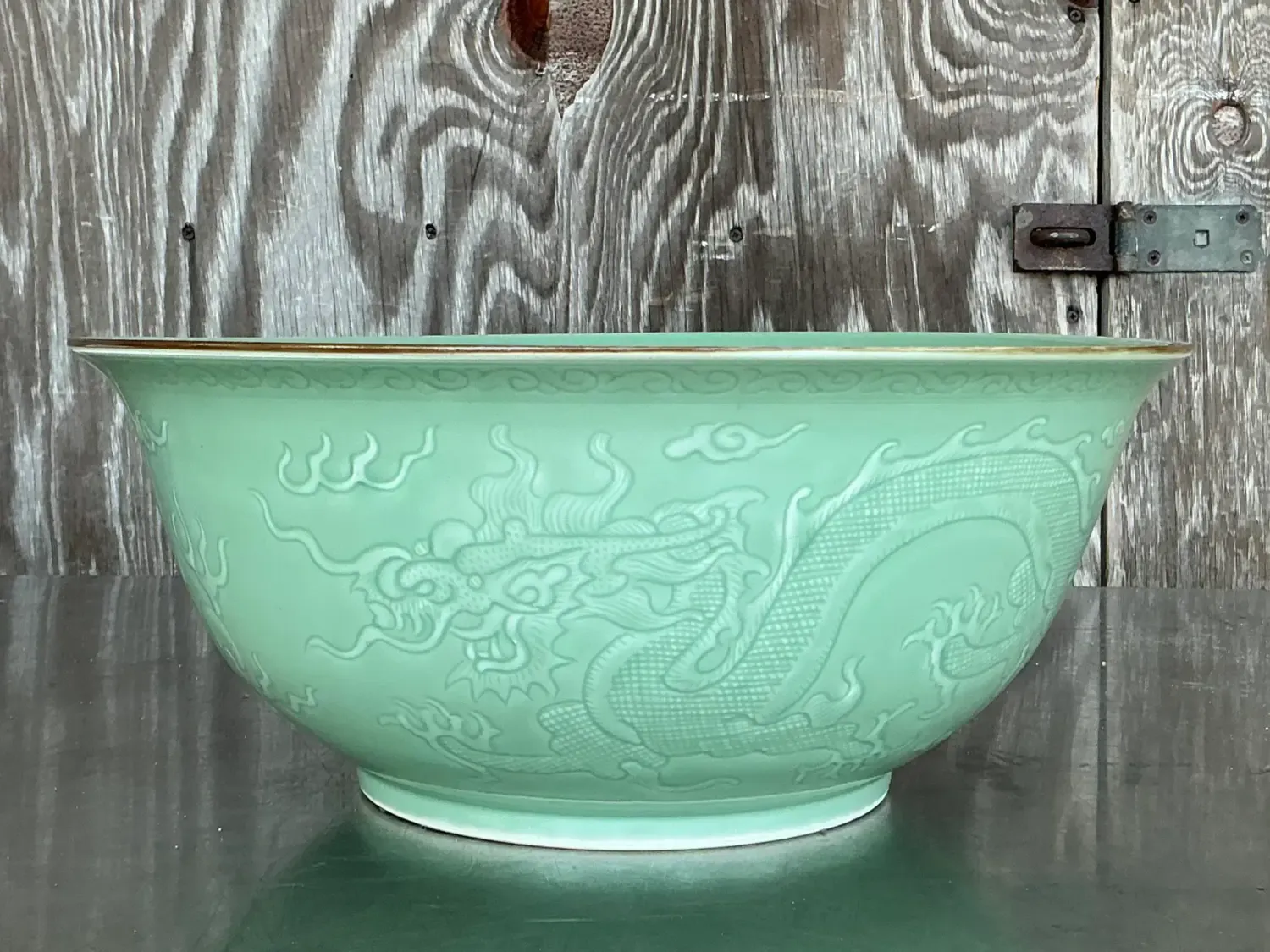 Vintage Asian Dragon Relief Celadon Bowl — additional photo 7