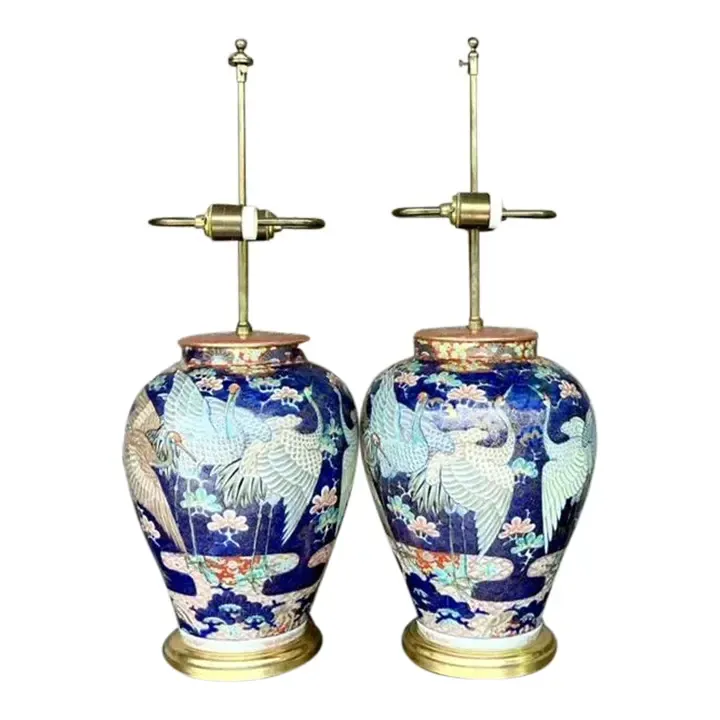 Vintage Asian Glazed Ceramic Crane Lamps - a Pair — additional photo 1