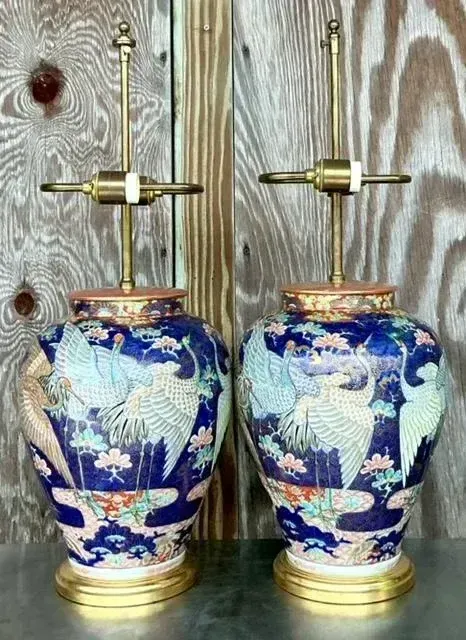 Vintage Asian Glazed Ceramic Crane Lamps - a Pair — additional photo 2