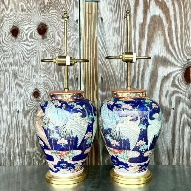 Vintage Asian Glazed Ceramic Crane Lamps - a Pair — additional photo 3
