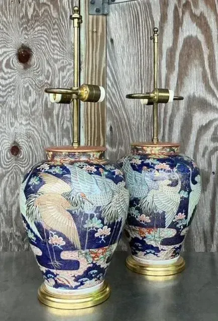 Vintage Asian Glazed Ceramic Crane Lamps - a Pair — additional photo 5