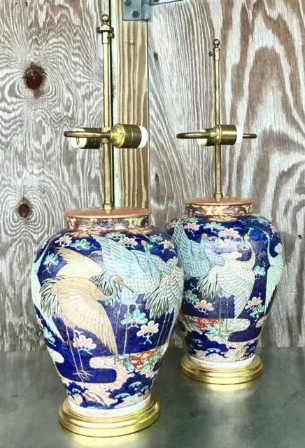 Vintage Asian Glazed Ceramic Crane Lamps - a Pair — additional photo 6